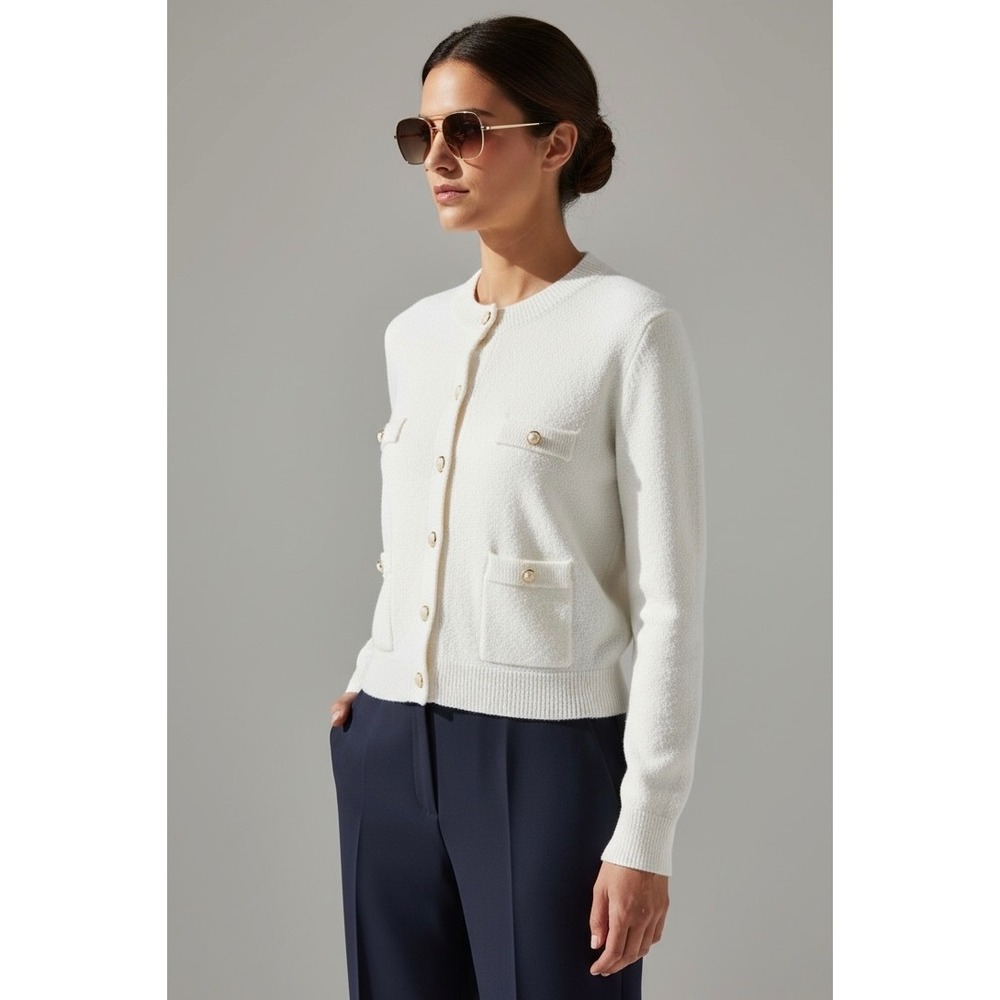 Mango MNG Textured Knit Large Cardigan White Boucle Style Sweater‎